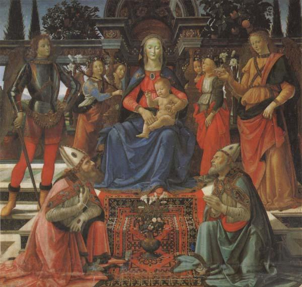 Domenico Ghirlandaio Madonna and Child Enthroned with Four Angels,the Archangels Michael and Raphael,and SS.Giusto and Ze-nobius